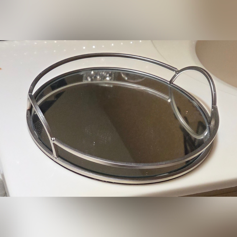 Arch Round Silver Tone 9.75" Vanity Mirrored Tray